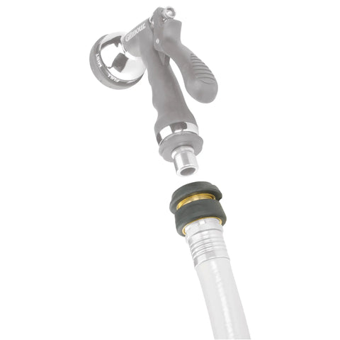 Brass Garden Hose Quick Connect Fitting For Hoses, Nozzles, And Sprinklers Easy Snap On Off Female Quick Disconnect With Rubber Grip Pro Grade Durability For Quick Water Hookups showing connection to hose.