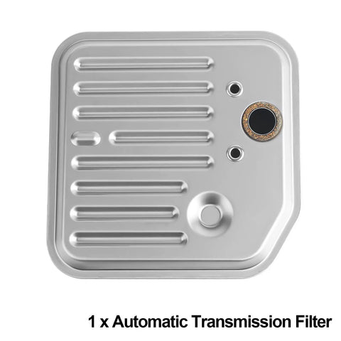 Close-up of Beefed Up Transmission Filter for 42RE 44RE 46RE 47RE 48RE Automatics, silver, fits 1998-2004 Dodge Jeep models.
