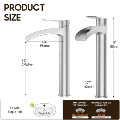 Diagram showing sizes of Brushed Nickel Tall Vessel Sink Faucet With Single Hole And Single Handle Waterfall Style For Above Countertop Bathrooms