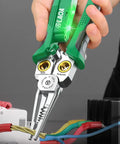Person using 8 In 1 Wire Stripping Pliers With Built In Voltage Tester 12V To 250V Cable Scissors on colored wires