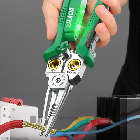 Person using 8 In 1 Wire Stripping Pliers With Built In Voltage Tester 12V To 250V Cable Scissors on colored wires