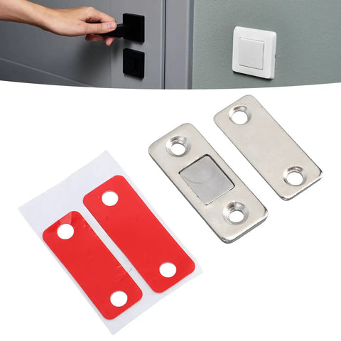 8 Pack Ultra Thin Magnetic Door Catch Latch Set with adhesive and installation view