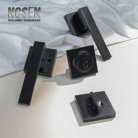 Matt Black Front Door Lockset With Keyed Deadbolt And Passage Lever Heavy Duty Zinc Door Levers Square Rosette Lengthened Handle