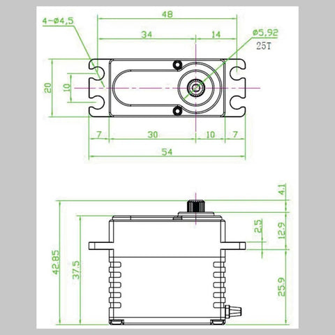 Technical diagram of Beefy High Torque Coreless RC Servo 422HDv2 Waterproof With 7 Point Seals, showing dimensions and side view