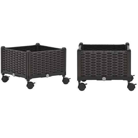 Front view of Two Piece Rolling Garden Bed Kit With Self Watering Design In Brown Plastic Outdoor Elevated Planter Boxes On Wheels