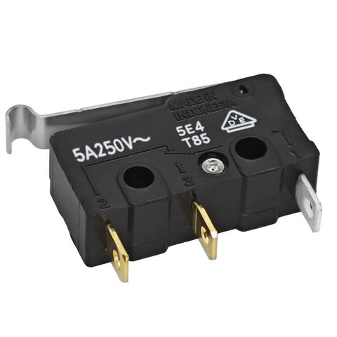 Built Tough Miniature Micro Switch 3 Pin Limit Switch 5A 125VAC with curved tip lever visible from side angle
