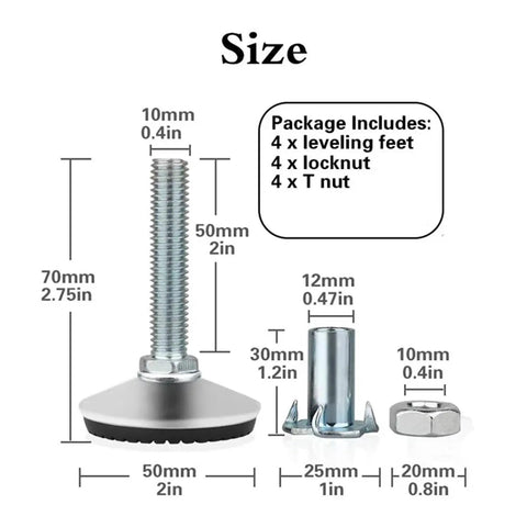 Dimensions of Swivel Adjustable Leveling Feet With T Nut Bolt 10 Pack For Cabinets Tables Workbenches And Chairs