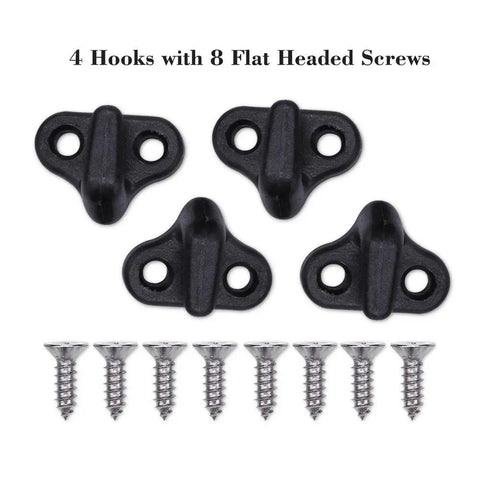 Dang Solid Nylon J Hook Lashing Hardware With Stainless Steel Screws, 4 black hooks with 8 screws for securing kayak gear.