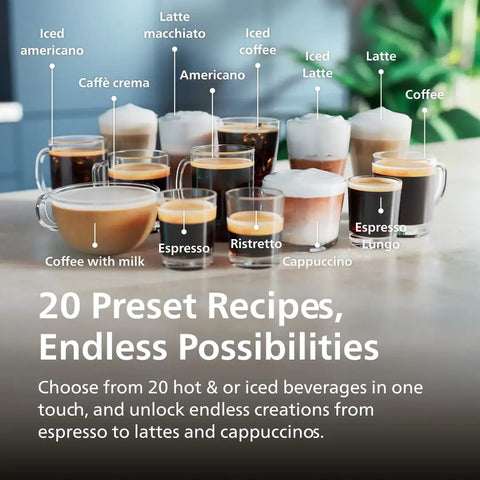 Top Shelf Fully Automatic Espresso Machine With Smart Touch Controls And Smooth Milk Frother For Dope Lattes Cappuccinos And Chill Weekend Iced Coffee Brews Tonight with various cups of coffee.