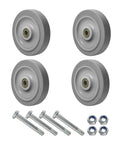 5 Inch Non Marking Rubber Caster Wheels With 3/8 Inch Bore Axle Heavy Duty Cart Rollers Set of four wheels with metallic bolts and nuts.