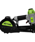 Pro Grade Pneumatic Collated Cap Stapler Blows Through Housewrap Foam Board And Underlayment With Insanely Fast Bump Fire Mode Holds Two Hundred Eighteen Gauge Staples An Absolute Job Site Beast side view of stapler with ergonomic handle
