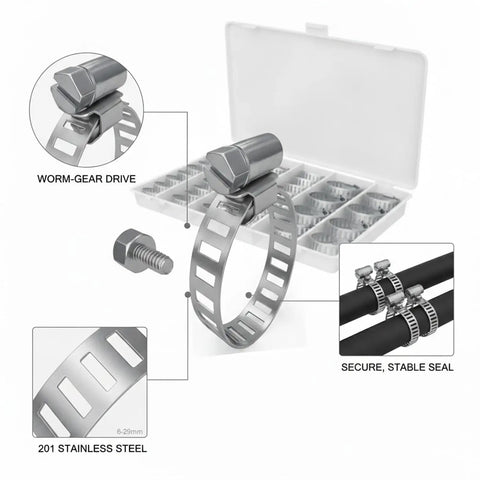 Heavy Duty 40 Piece Worm Gear Hose Clamp Kit For Automotive And Utility Jobs Fits 6-29mm Radiator and Heater Lines Made From Tough 201 Stainless Steel For A Solid Grip On Any Hosing Setup You Need, worm-gear clamp case