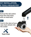 Installation guide for 2 Inch Office Chair Wheels Set of 5 with Heavy Duty Rubber Caster Replacement for Quiet Rolling on Hardwood Floors and Carpet.