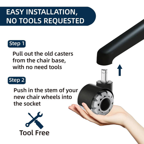 Installation guide for 2 Inch Office Chair Wheels Set of 5 with Heavy Duty Rubber Caster Replacement for Quiet Rolling on Hardwood Floors and Carpet.