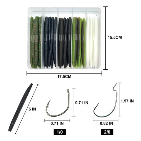 Bass Fishing Lure Kit With 30 Senko Worms In 5 Inch Size For Freshwater And Saltwater Tackle Box Included Includes 10 Wacky Hooks And 10 Jig Mold Hooks Colorful Pack Great For Beginners And Pros displayed with labeled measurements.