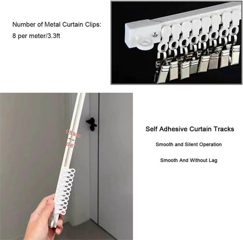 Self Adhesive Curtain Track System No Drill Damage Free Hanger Ceiling Or Wall Mount with metal clips on a smooth surface