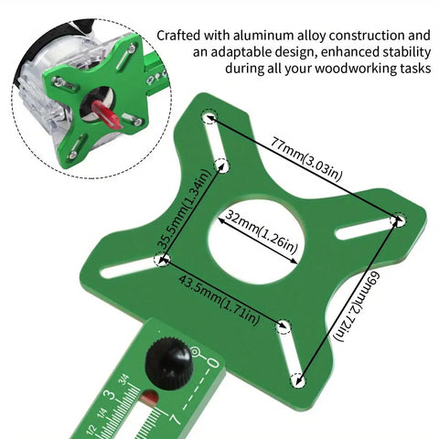 4 In 1 Router Milling Groove Bracket Pro Grade Cabinet Hardware Jig And Woodworking Cutting Tool With Adjustable Router Circle Cutting Guide For Precise Hole Drilling Base Not Included, green aluminum alloy