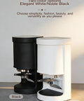 Automatic 58mm Electric Espresso Tamper Machine With Adjustable Pressure Puck Press Tool Made From Heavy Duty Stainless Steel showing black and white color options.