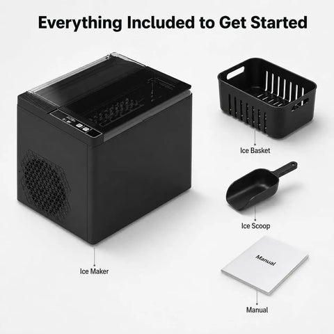 Portable Countertop Ice Maker Slings Nine Swift Bullet Cubes In Six Minutes And Cranks Out Twenty Six Pounds Daily With Silent Running and accessories including ice basket and scoop.