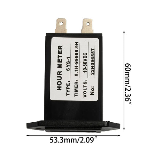 Industrial Hour Meter With Mechanical Display, Compact 60x36x24mm, Black, Front View Showing Specifications