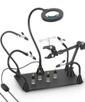 DIY Friendly Pro Grade Heavy Duty Soldering Stand With 360 Degree Rotating Clamp 3X LED Magnifying Lamp on black base
