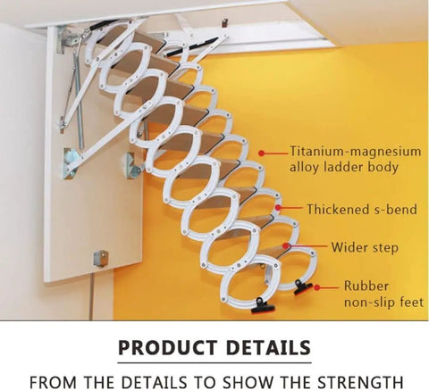 Automatic Telescopic Loft Ladder With Electric Lift For Attic Access And Rooftop Entry Built Tough, showcasing titanium-magnesium alloy and non-slip feet.