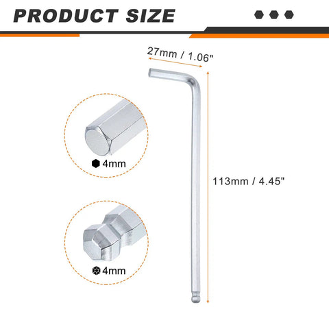 Six-Piece Ball End Hex Key Wrench Set 4mm Dope Chrome-Vanadium Steel L Shaped Hex Wrenches With Long And Short Arm For Home Bike Motorcycle Repair Built To Last, showing 113mm long arm and 27mm short arm dimensions and 4mm size details.