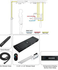 Top Shelf Ceiling Mount Digital Shower Kit With Brushed Gold Finish And Led Panel Offering Five Knobs Four Shower Settings Including Dual Rain Dual Waterfall Water Column And Handheld Wand, detailed installation diagram.