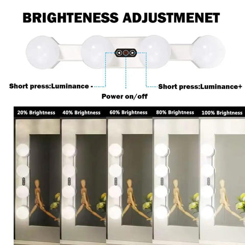Cordless Rechargeable LED Vanity Mirror Light With 6500K Daylight Bulbs displaying dimmable brightness levels for makeup.
