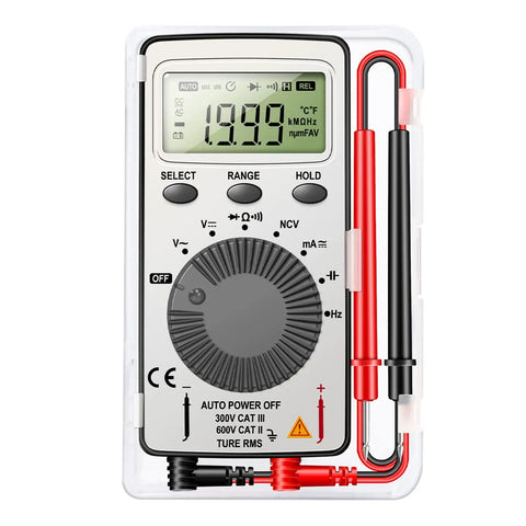 Auto Ranging Digital Multimeter With NCV Contact Tester Handy Pocket Size displaying 1999 reading, probes attached