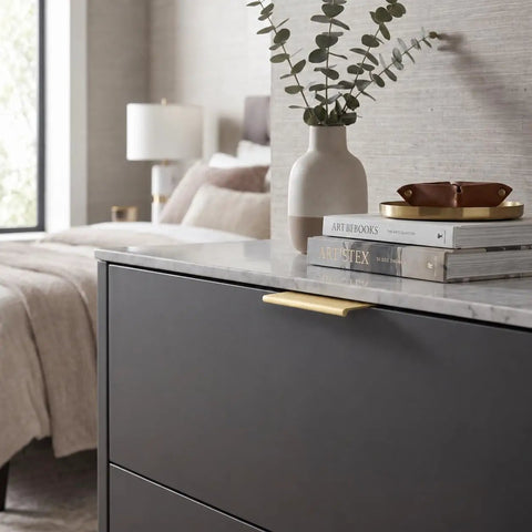 10 Pack Slick Brushed Gold Finger Edge Drawer Pulls Featuring Smooth Hidden Grip And Heavy Duty Zinc Construction For Quick Cabinetry Makeover Includes All Mounting Hardware For Fast Setup on dark dresser.