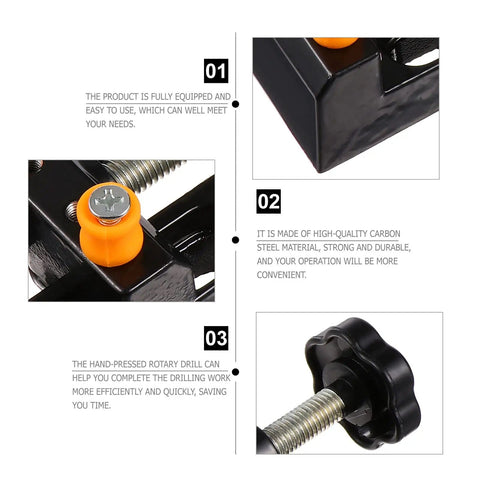 Close-up of Hand Drill Kit for Jewelry Making and Woodworking with rotary drill and vise components.