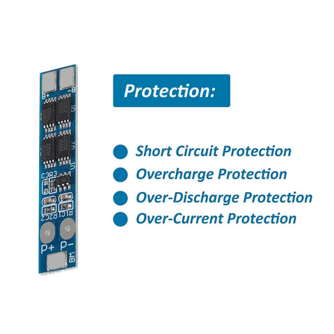 Heavy Duty 2S BMS 8.4V 8A Lithium Battery Protection Board for 18650 Cells showing protection features and circuit layout.