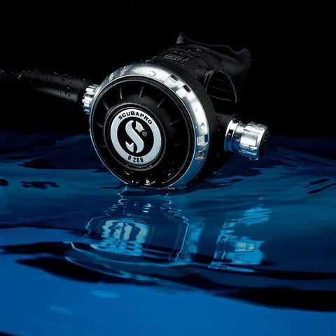 Mk19 Evo G260 Dive Regulator System For Scuba Diving With Air Balanced First Stage in black, silver detailing on blue water surface