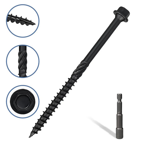 Heavy Duty Kickass 50 Pack 4 Inch Lag Screws Structural Wood Fasteners Hex Washer Head Black view with twist design.