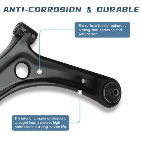 Close-up of anti-corrosion Dodge Caliber Front Lower Control Arm With Ball Joint For 2007-2012 Jeep Compass Patriot 2007-2017 Front Suspension Kit Passenger Side Direct Fit Replacement For Easy Install