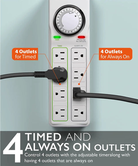 Eight-Outlet Power Strip With Timer And Surge Protector showing 4 timed and 4 always on outlets, with two plugs connected.