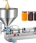 Heavy Duty Horizontal Liquid Filling Machine 100 To 1000 Milliliter with stainless steel funnel and jars of thick liquids.