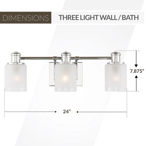 3 Light Norwood Traditional Bath Fixture Wall Lamp In Brushed Nickel, dimensions shown, classic vanity sconce for bathroom decor