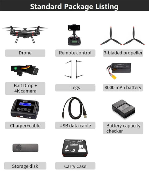 Standard set for Beast Of A Heavy Lift Fishing Drone with accessories including camera, batteries, and controller