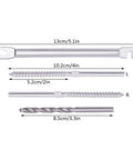 Dimensions of wrench, left and right T316 swage lag screws, and drill bit from No Fuss All In One 100 Pack Swage Lag Screws Kit.