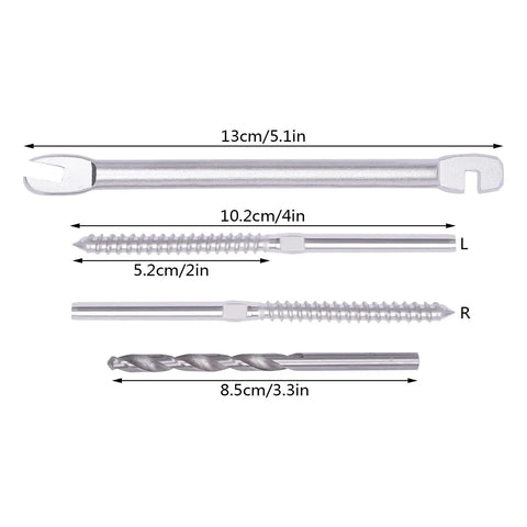 Dimensions of wrench, left and right T316 swage lag screws, and drill bit from No Fuss All In One 100 Pack Swage Lag Screws Kit.