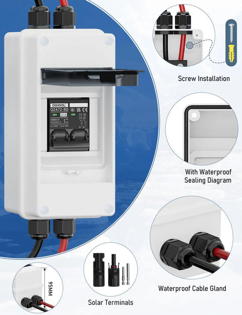 Heavy Duty Two Pole AC DC Disconnect Switch Box IP65 Weatherproof Battery Cutoff Isolator For Solar Panels with solar terminals and screw installation.