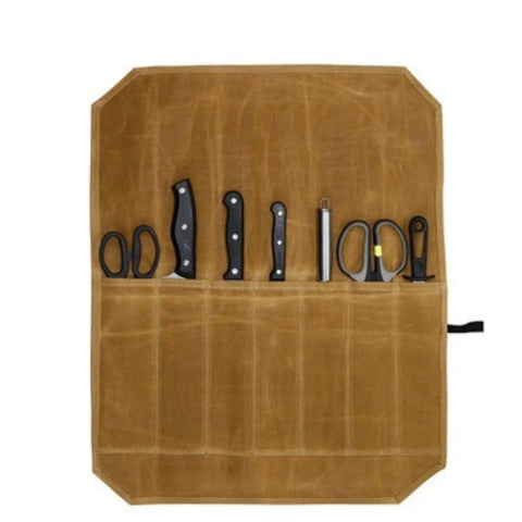 Unfolded Waxed Canvas Chef Knife Storage Bag For Picnics Camping And Barbecues Portable Kitchen Organizer with tools visible