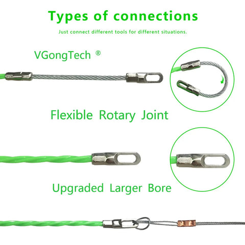 Close-up of 30M 100ft Fish Tape Cable Puller Kit connections with flexible rotary joint and upgraded larger bore for wiring