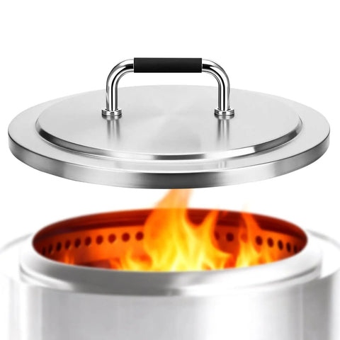 Beefy Round 19.7 Inch Fire Pit Lid With 304 Stainless Steel Build And Heat Resistant Handle shown on a fire pit