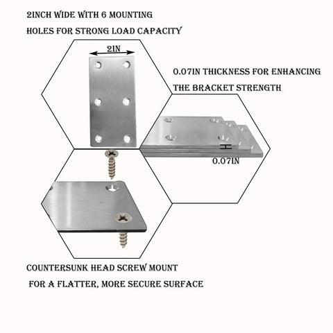 Heavy Hitter Stainless Steel Repair Brackets showing 2-inch wide mending plates with 6 mounting holes and 0.07-inch thickness for strong load.