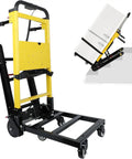 120W Powered Electric Stair Climbing Hand Truck Dolly Cart With 24V Lithium Battery, Heavy Duty Stair Climber For Moving Boxes And Gear, Long Lasting Charge Delivers 3-4 Hours Of Runtime And Up To 6,000 Steps. Yellow steel stair-climbing hand truck on wheels