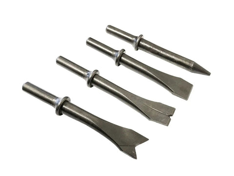 4 Piece Air Chisel Set With Tapered Punch, Ripping Chisel, Weld Chisel, Bushing Splitter on white background