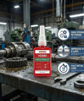 Close-up of Industrial Grade Retaining Compound 4 Pack For High Strength Bearing Mounts And Sleeve Retainers, Fast Cure Anaerobic Adhesive bottle in workshop.